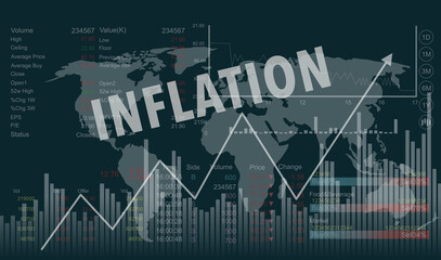 Inflation. The graph shows the inflation rate rising due to the epidemic.  Fed interest rate hike.  Uptrend chart and stock market numbers on dark background.