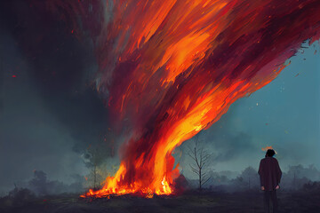 a burning fire swirl in front of a person, a person standing in front