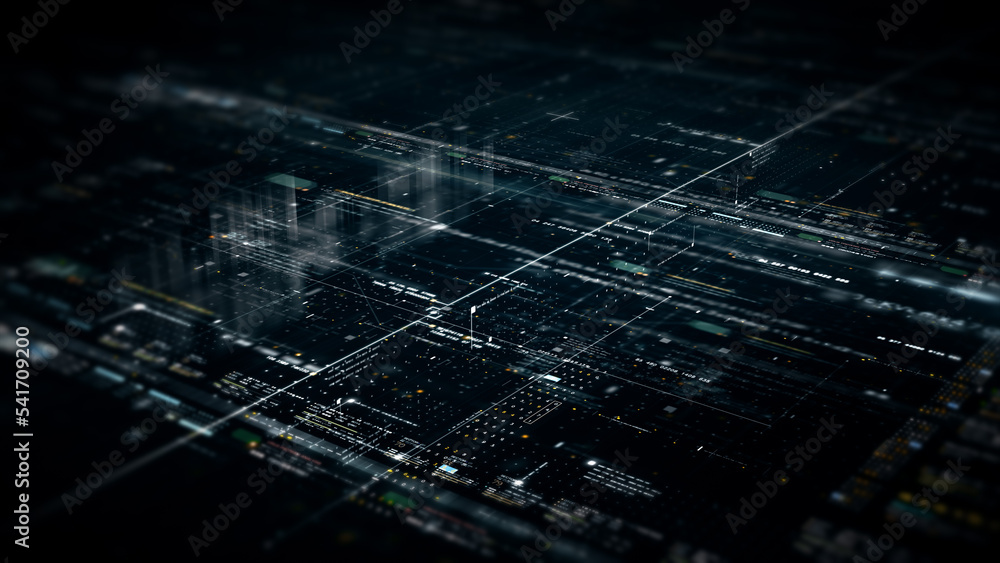 Poster Futuristic abstract de-focus flowing data matrix, meta, metaverse, telemetry and encrypt numbers display with particles simulation in cyber space environment for head up display background