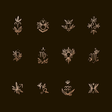 Vector flat and simple set of golden astrological signs with flowers and leaves on a dark background. Hand drawing