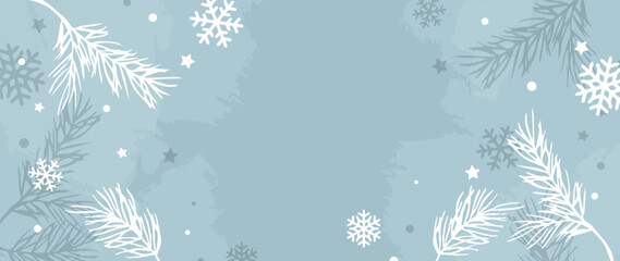 Charming winter christmas vector background. Watercolor illustration on a blue background with snow and fir branches. Charming winter christmas vector background. Elegant oriental illustration 