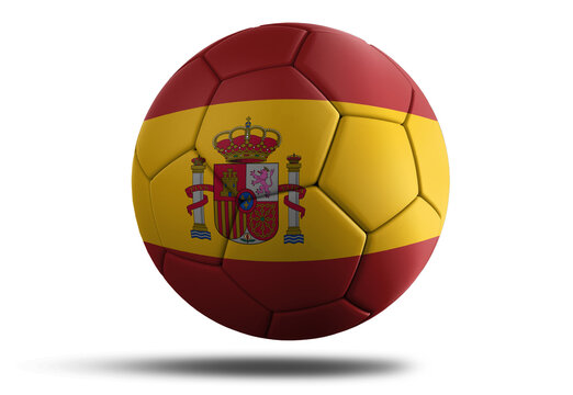 Spain flag football ball for 2022 Soccer World Cup. Spanish country flag on a hovering ball on isolated transparent background