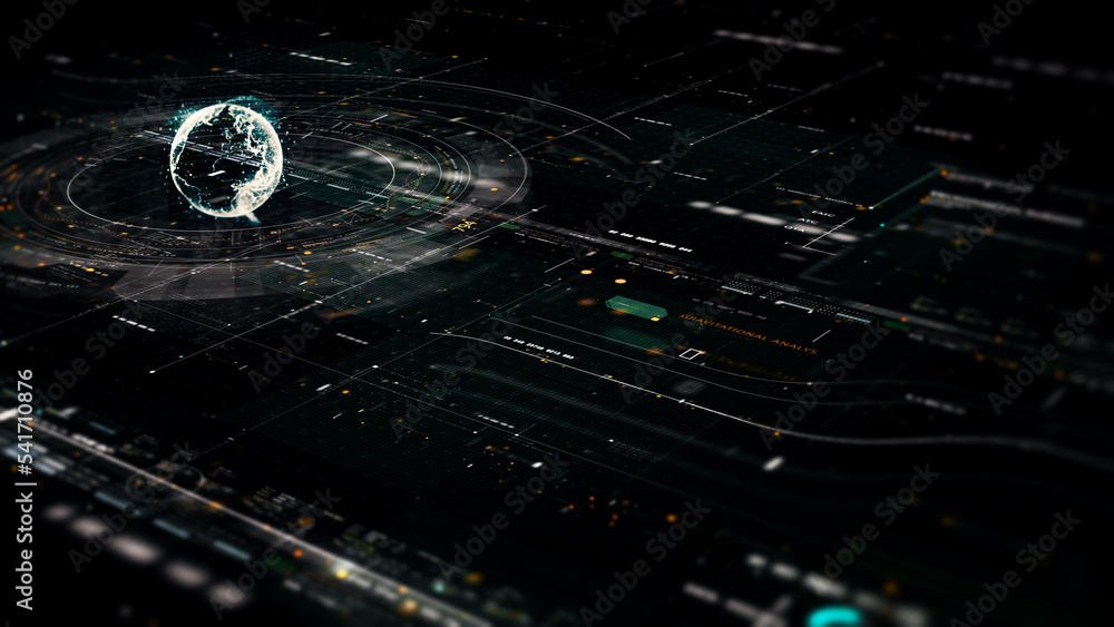 Poster Futuristic digitally generated 3d holographic planet Earth in 360 degree rotation for head up display and user interface design