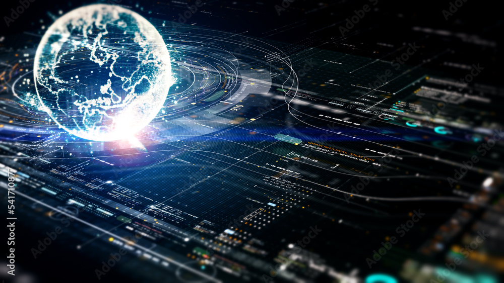 Poster Futuristic digitally generated 3d holographic planet Earth in 360 degree rotation for head up display and user interface design