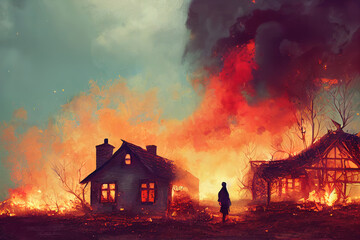 a manga art illustration of cottages burning in front of a person, life's work disaster