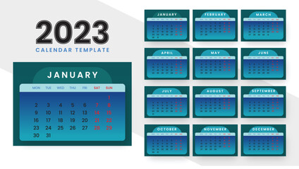 Desktop monthly calendar for 2023 year. Cover calendar, set of 12 months. New year calendar