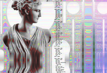 3D portrait of an antique sculpture with a glitch effect. Cyberpunk style. Conceptual disease of artificial intelligence. Virtual reality. Deep learning and suspicion systems.