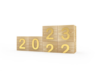 Wooden dice with the number 2023 and 2022 change. 3D illustration