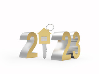 Number 2023 with house key on white. 3D illustration