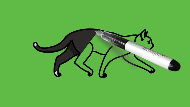 Draw running cat in light and dark grey and white color combination with black outline on abstract green background
