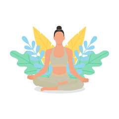 A woman meditates in nature. Vector illustration in flat style