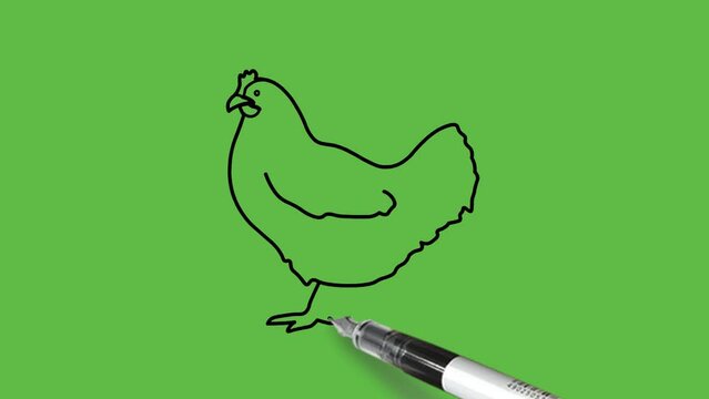 Draw standing hen in light and dark brown color combination with yellow beak, toes, claws and red comb with black outline on abstract green background
