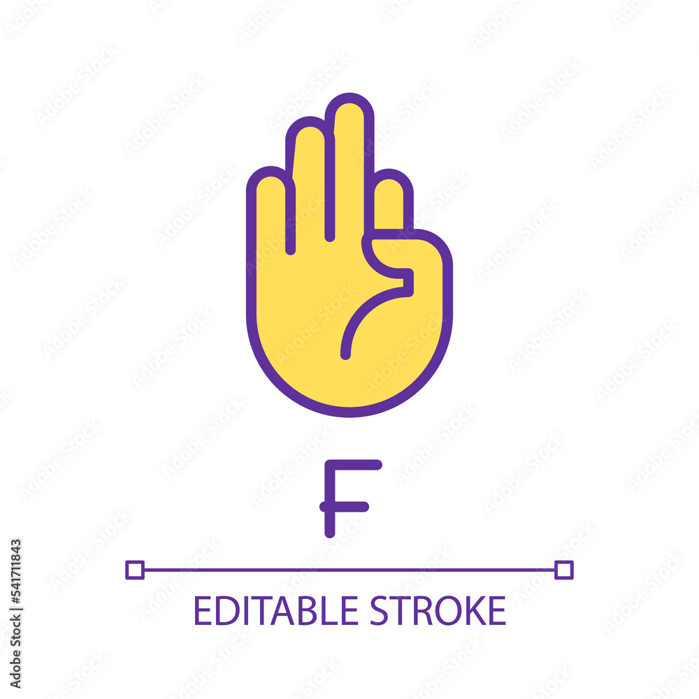 Sticker Letter F in American sign language pixel perfect RGB color icon. Nonverbal communication. Isolated vector illustration. Simple filled line drawing. Editable stroke. Arial font used