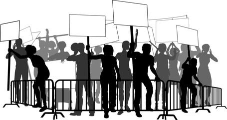 A silhouette crowd or group of people demonstrators at a protest, rally or strike with signs