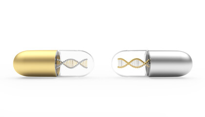 Two pills gold and silver with DNA spirals. 3D illustration