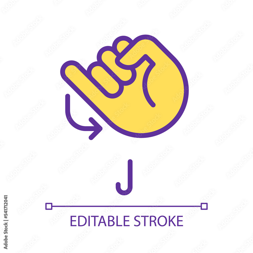 Poster letter j sign in asl pixel perfect rgb color icon. system of nonverbal communication. words visualiz