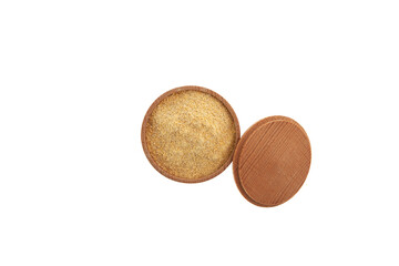 Fenugreek powder or Hulbah in bowl isolated on white background, top view