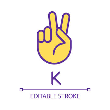 Letter K sign in ASL pixel perfect RGB color icon. Nonverbal communication. Patients with deafness care. Isolated vector illustration. Simple filled line drawing. Editable stroke. Arial font used