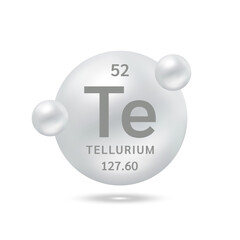 Tellurium molecule models silver and chemical formulas scientific element. Natural gas. Ecology and biochemistry concept. Isolated spheres on white background. 3D Vector Illustration.