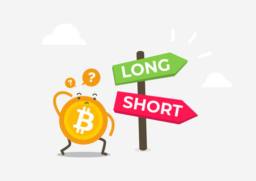 Bitcoin In Front Of A Choice Of The Way Long And Short. Cryptocurrency Cartoon Concept.