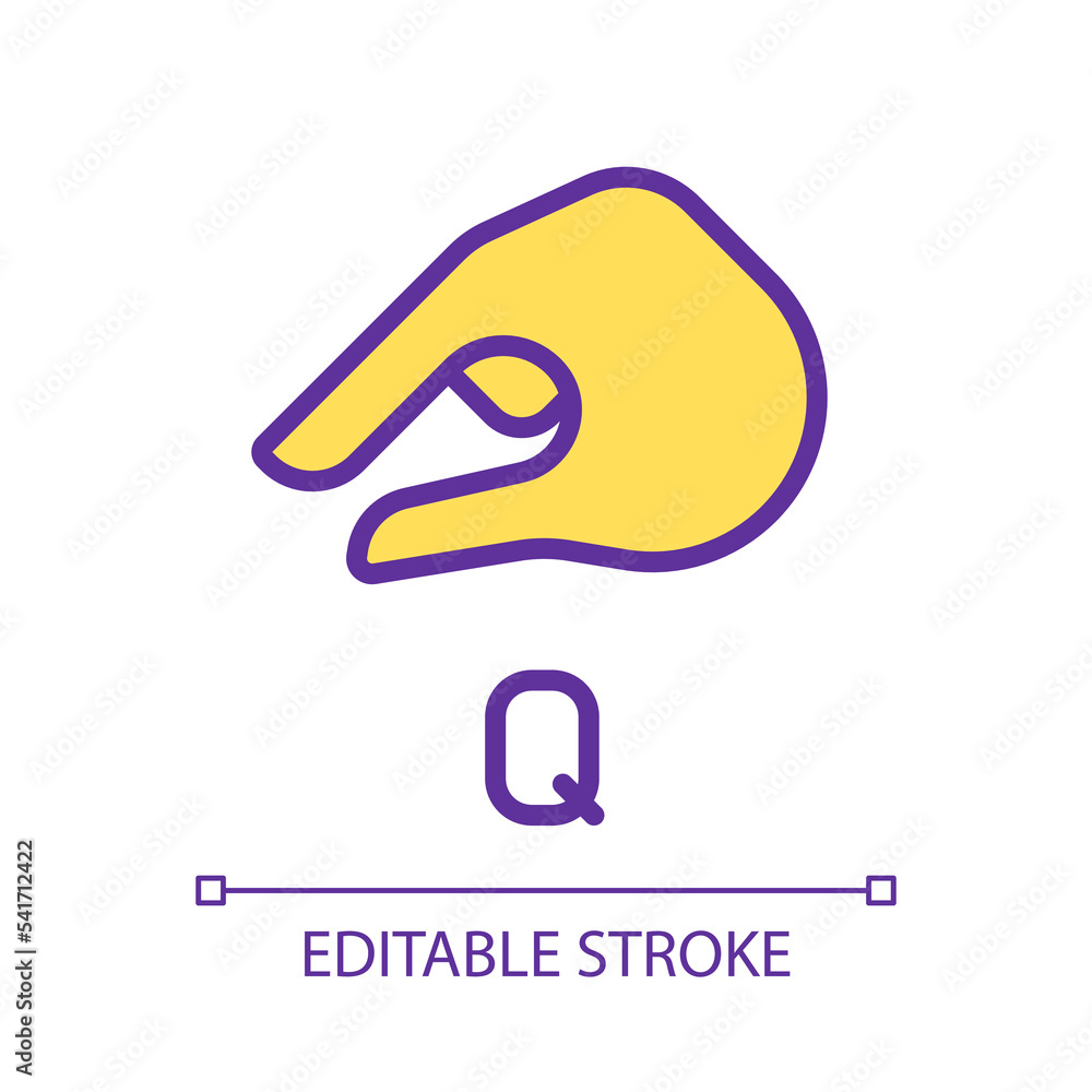 Poster sing for letter q in asl pixel perfect rgb color icon. system of communication. gestures system. iso
