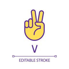 Obraz premium Letter V in ASL system pixel perfect RGB color icon. Sound visualization by gestures. Communication. Isolated vector illustration. Simple filled line drawing. Editable stroke. Arial font used