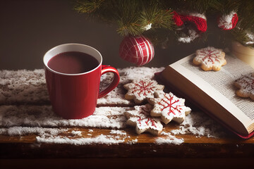 Christmas composition with a cup of hot coffee or chocolate on a wooden snowy table with snowflake cookies and a Christmas tree - Powered by Adobe