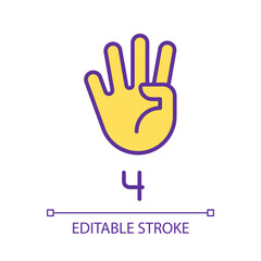 Fototapeta premium Digit four sign in ASL pixel perfect RGB color icon. Nonverbal communication performing. Modality. Isolated vector illustration. Simple filled line drawing. Editable stroke. Arial font used
