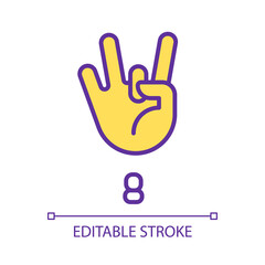 Digit eight sign in ASL pixel perfect RGB color icon. Gesture language. Nonverbal communication. Isolated vector illustration. Simple filled line drawing. Editable stroke. Arial font used