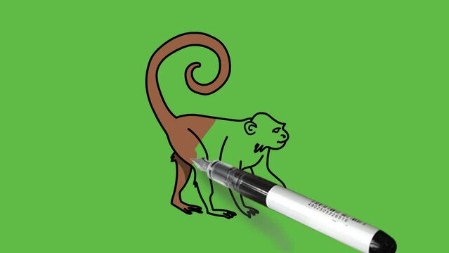 Draw monkey or baboon walking in light and dark brown color combination with black outline on abstract green background
