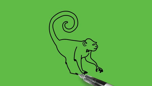 Draw monkey or baboon walking in blue color combination with black outline on abstract green background
