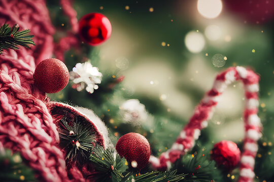 Closeup image to a Christmas tree with knitted baubles and decoration, Christmas card