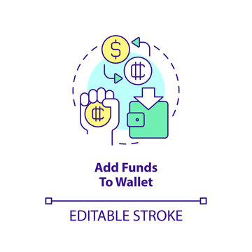 Add funds to wallet concept icon. Buy cryptocurrency. NFTs minting process abstract idea thin line illustration. Isolated outline drawing. Editable stroke. Arial, Myriad Pro-Bold fonts used