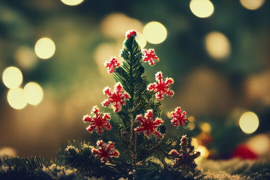 Closeup image to a Christmas tree with knitted baubles and decoration, Christmas card