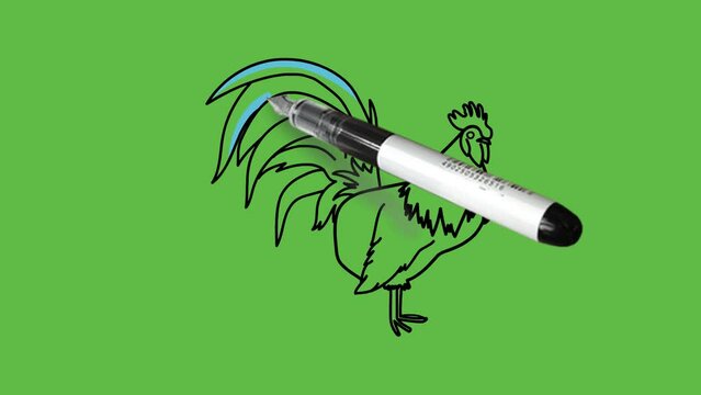 Draw cock, male hen or rooster bird sitting in blue color combination with black outline on abstract green background
