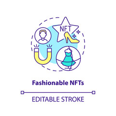 Fashionable NFTs concept icon. Blockchain integration. Trend in digital space abstract idea thin line illustration. Isolated outline drawing. Editable stroke. Arial, Myriad Pro-Bold fonts used