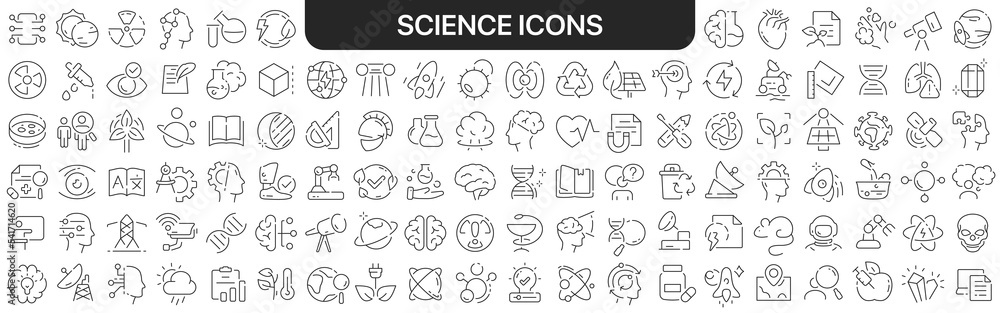 Poster science icons collection in black. icons big set for design. vector linear icons