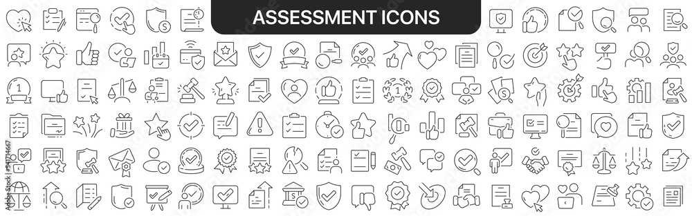 Poster assessment icons collection in black. icons big set for design. vector linear icons