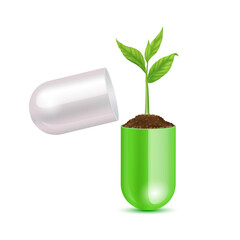Seedling growing from fertile ground in pill capsule open. Green plants drug capsule isolated on white background.  Business and medical concept. Realistic 3D vector EPS10 illustration.