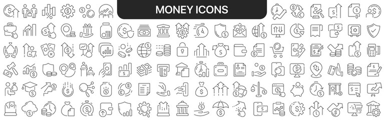 Money icons collection in black. Icons big set for design. Vector linear icons