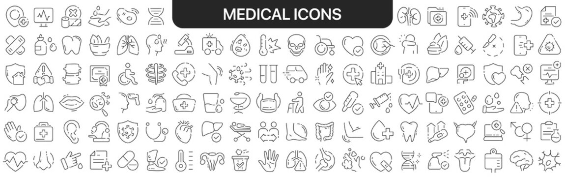 Medical icons collection in black. Icons big set for design. Vector linear icons