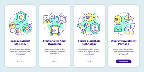 NFT benefits onboarding mobile app screen. Digital artworks walkthrough 4 steps editable graphic instructions with linear concepts. UI, UX, GUI template. Myriad Pro-Bold, Regular fonts used