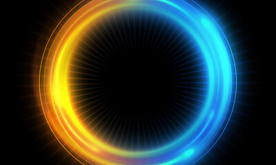 Circle light effect. Neon glowing circle with light rays. Frame isolated on black background