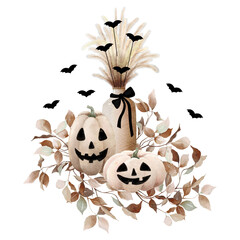 Watercolor halloween composition in brown tones, isolated on transparent background