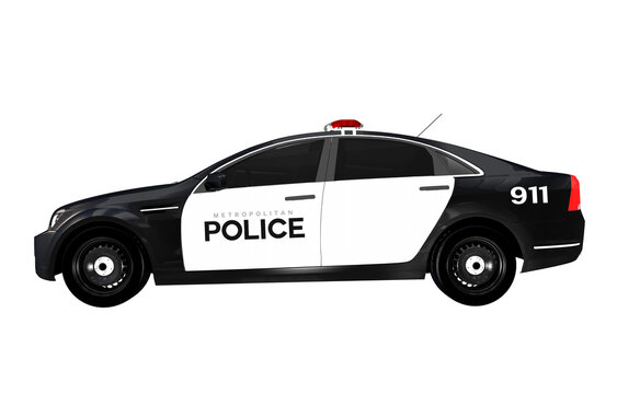 Black and White Side View Police Car. Police Cruiser PNG Object.