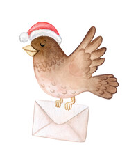 Sparrow bird with envelope in santa hat isolated on white background. Watercolor illustration. Clipart