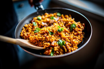 cooking rice, meat and vegetable in pan on kitchen
