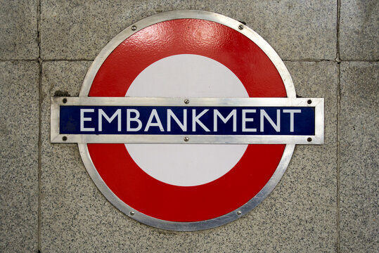 Sign at underground station Embankment at City of London on a summer day. Photo taken August 3rd, 2022, London, United Kingdom.