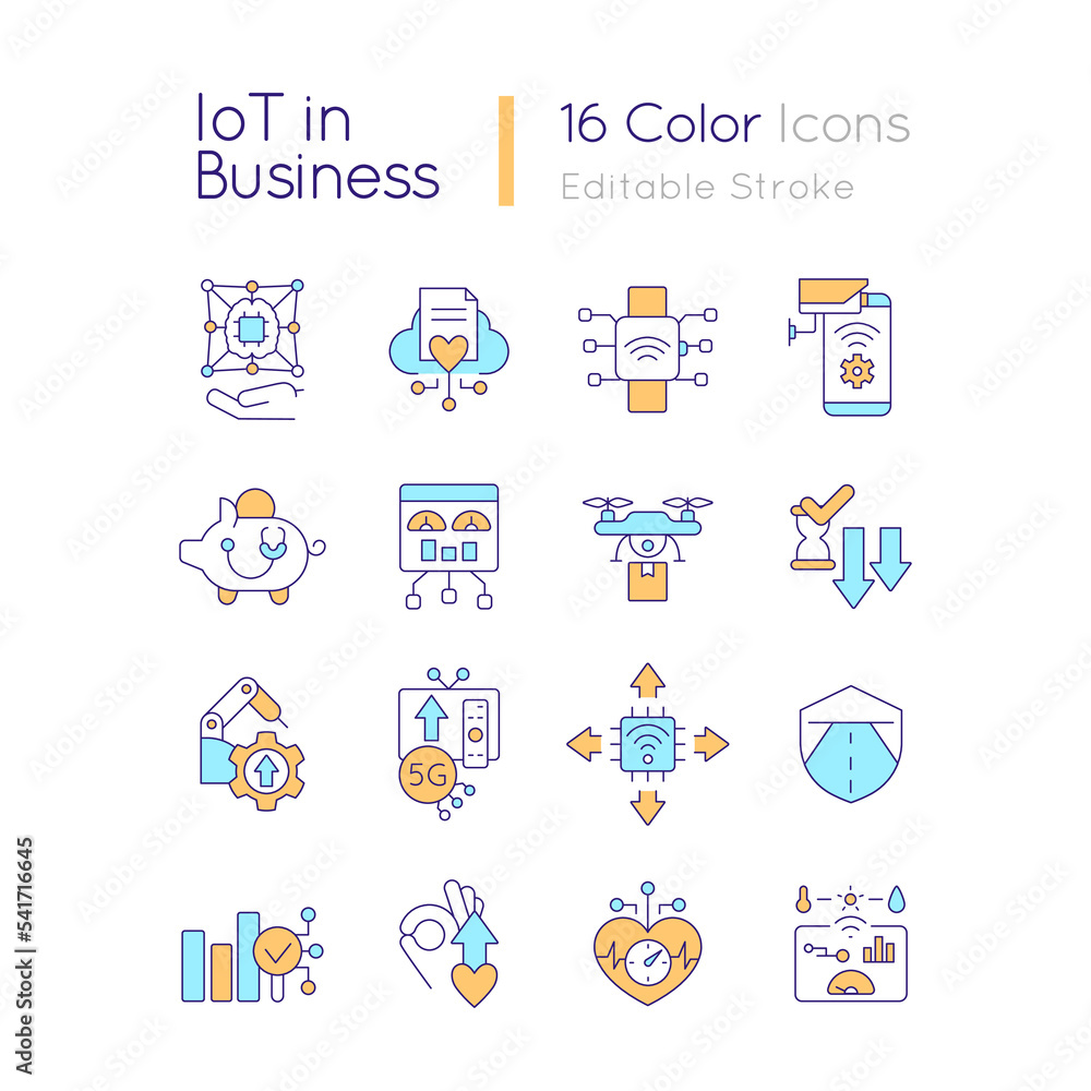 Poster iot in business rgb color icons set. provide innovation. involve technologies. isolated vector illus