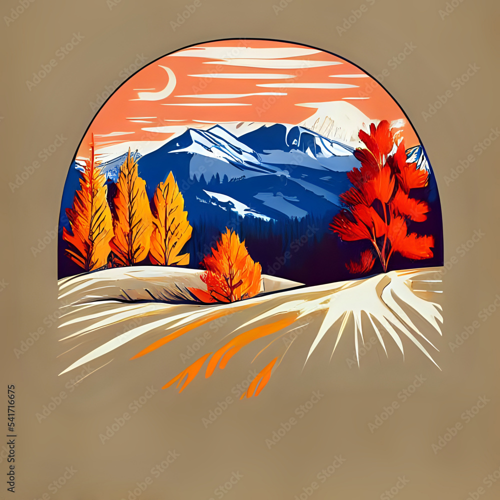 Wall mural Autumn illustration, mountains and snow